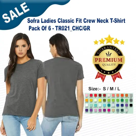 Sofra Ladies Classic Fit Crew Neck T-Shirt Pack Of 6 {3}