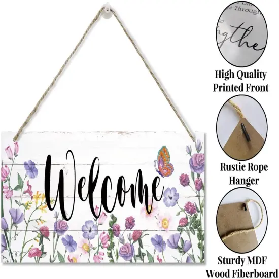 Welcome Decor Sign, Hanging Wood Sign Home Decorative, Printed Wood Wall Art Sign, Flower Welcome Sign, Yard Garden Welcome Sign, Porch Decor Sign, Farmhouse Front Door Decor Sign 12 * 6inch {3}
