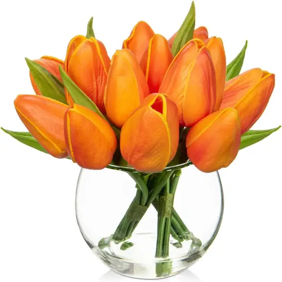 Artificial Orange Tulips in Vase with Faux Water 6" Real Touch Flowers Fake Tulips Small Flowers Arrangement in Round Glass Vase for Mother's Day Table Centerpiece Wedding Home Decor {1}