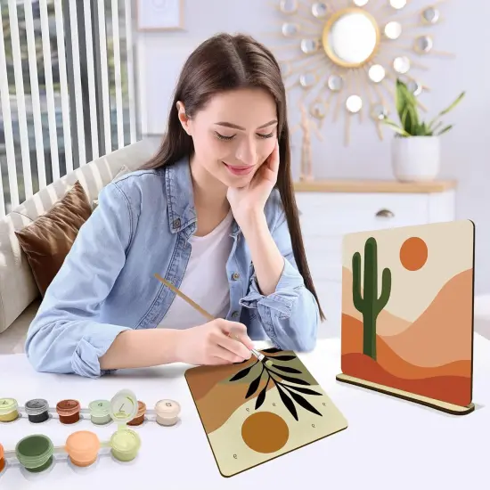 2 Pack Paint by Numbers Kit for Adults, Boho Oil Painting by Number on Wood Board, DIY Mountain Sunset Paint by Numbers Ornaments for Desktop, Easy Adult Paint by Number Kits for Gift 8x8 Inch {5}