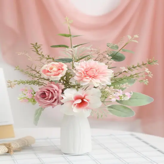 Artificial Flowers in Small Ceramic Vase-Blue Fake Flowers Floral Arrangements Silk Flower Home Decor Faux Flower Plant with Vase for Centerpiece Dining Table Decorations (Pink) {2}