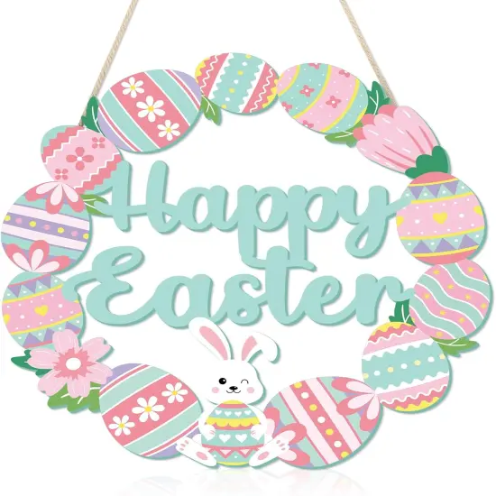 Happy Easter Decorations Sign, Bunny Eggs Wood Wreath for Front Door Porch Window Wall Hanging Decor, Pink Green Spring Decoration for the Home (Bunny Egg) {1}