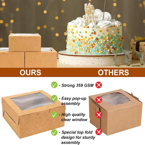 50 PCS Cupcake Boxes with Window Cupcake Containers 4 Count, Cookie Boxes 6x6x3 Inch, Bakery Pastry Cake Dessert Treat Boxes with Stickers & Jute Twine {4}