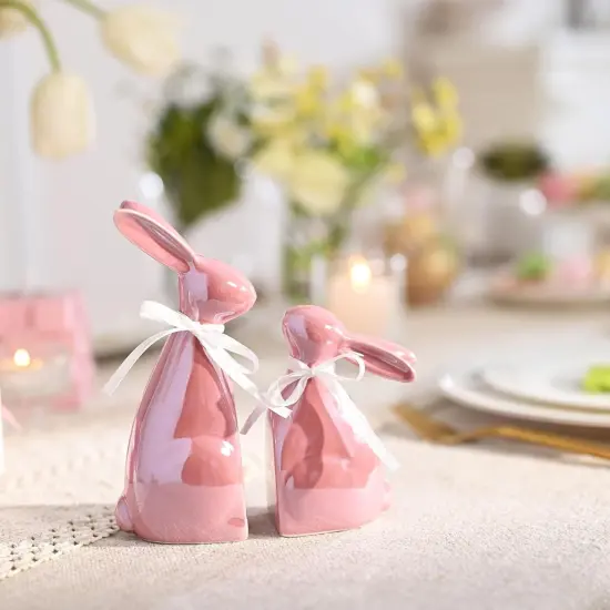 Easter Decorations, 2Pcs Easter Bunny Decor, Pearl Pink Ceramic Rabbit Statue Figurine for Home, Spring Easter Gift Tiered Tray Decorations for Indoor Table Centerpieces，6.3 Inch {2}