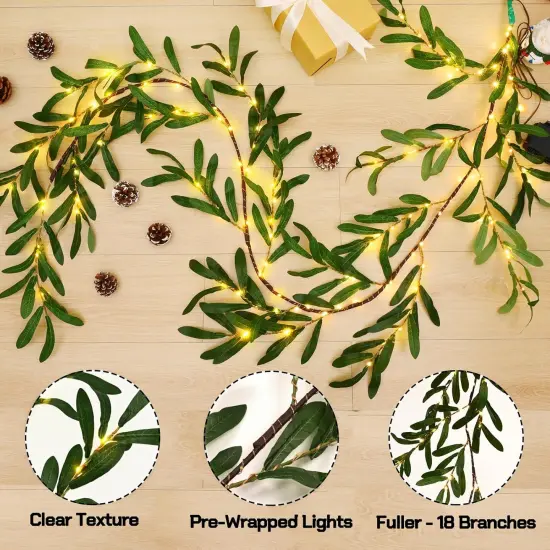 Olive Garland with Lights, 6FT Lighted Mantel Decor with Timer, Artificial Spring Greenery Pre-lit Twig Decor for Mantle Fireplace Wedding Stairs {4}