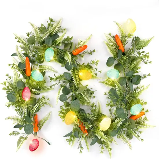 Easter Garland for Spring Decoration 6 FT Easter Artificial Garlands with 10 Glowing Easter Eggs & 6 Easter Carrots, Fern Garland for Home Kitchen Fireplace Indoor Outdoor Holiday Party {1}