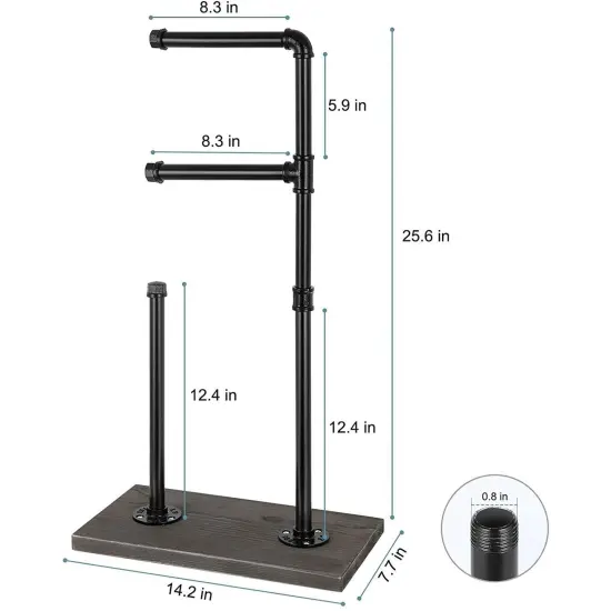 4-Roll Industrial Toilet Paper Holder Stand with Iron Pipe & Wooden Base Rustic Bathroom Organizer for 5 Rolls, Farmhouse Decor, Easy No-Drill Installation {2}