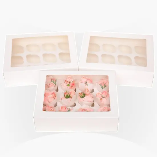 12 Cupcake Containers 12-Packs White Cupcake Box Cupcakes Carrier, 12 Cupcake Boxes with Window 13"x10"x3.5"（Auto-pop up） {3}