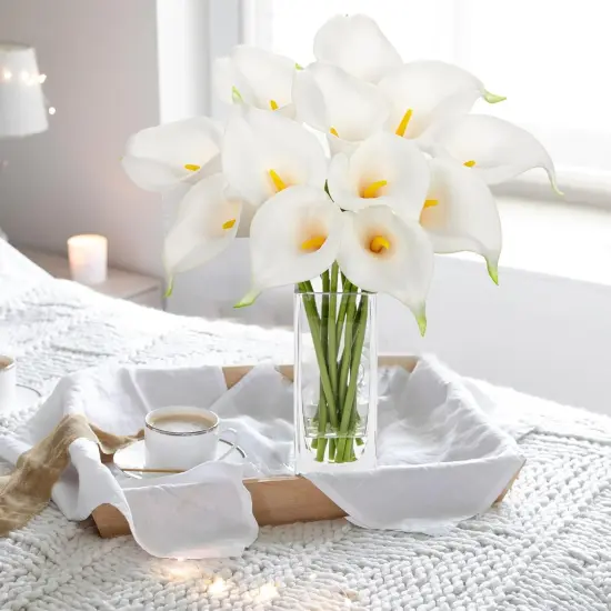 Fake Flowers in Vase 12&ldquo; Artificial Calla Lily Pure-White Flowers Arrangement with Vase and Faux Water for Home Decor Dining Table {4}