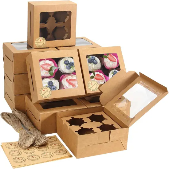 50 PCS Cupcake Boxes with Window Cupcake Containers 4 Count, Cookie Boxes 6x6x3 Inch, Bakery Pastry Cake Dessert Treat Boxes with Stickers & Jute Twine {1}