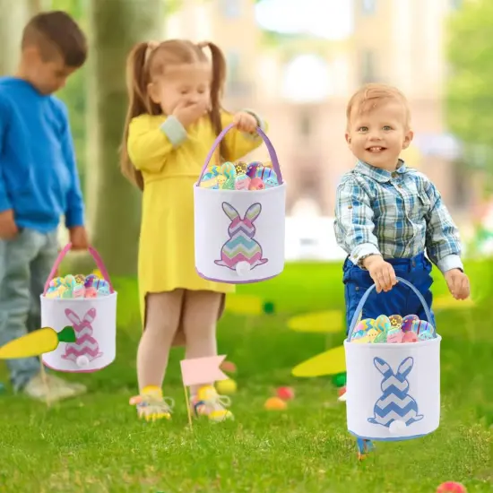 3 Pack Easter Bunny Baskets,Canvas Personalized Easter Bunny Baskets Bucket Tote Gifts Bags,Easter Egg Hunt Easter Party Favors Decoration Toys for Girls Boys (3 Pack) {3}