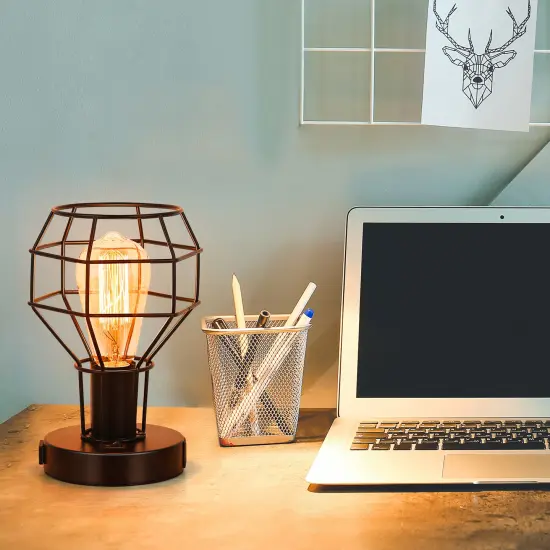 2PCS Industrial Steampunk Table Lamp Vintage Cage Bedside Light with Dual USB Ports & AC Outlet UL-Certified, Portable Nightstand Lamp for Small Spaces {6}