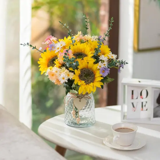 Sunflower Fake Flowers in Vase: Sunflowers Artificial Flowers with Vase for Table Centerpieces Decor - Silk Flower Bouquet Faux Arrangements Kitchen Bathroom Wedding Party Decoration {2}