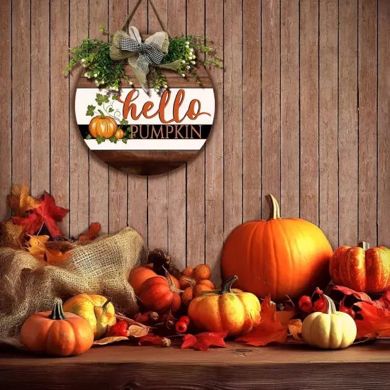 Harvest Hanging Sign With Bow and Wreath Thanksgiving Welcome Wood Sign(hello pumpkin door wreath) {4}