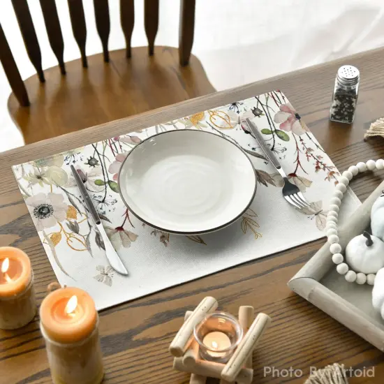 Set of 4 Wildflowers Floral Fall Placemats - 12x18 Inch (Beige) {4}
