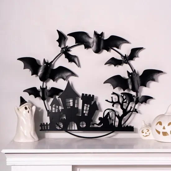 Halloween Metal Wreath - 20 inch Black Iron with Bats {2}