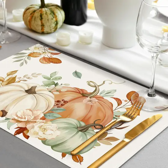 Set of 4 Watercolor Pumpkins Fall Placemats - 12x18 Inch {3}