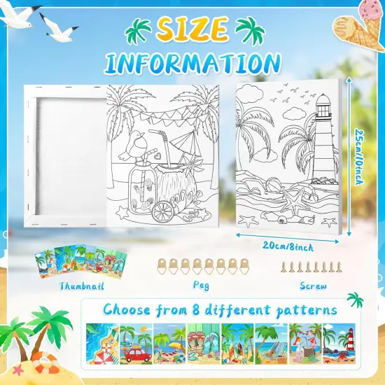 8 Pack Pre Drawn Stretched Canvas - 8x10 Inch (Summer Beach) {3}