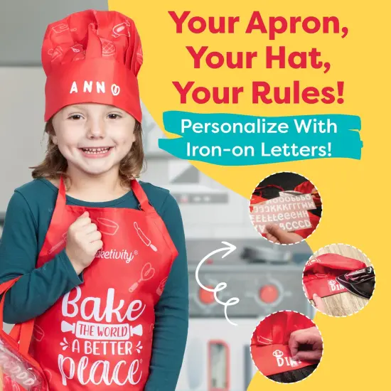 Baketivity Kids Chef Hat and Apron Set for Boys & Girls - One Size Fits All (Adjustable) - Premium, Washable Kids Apron and Chef Hat Set for Cooking - Young Chefs & Junior Bakers Chef Outfit for Kids {4}