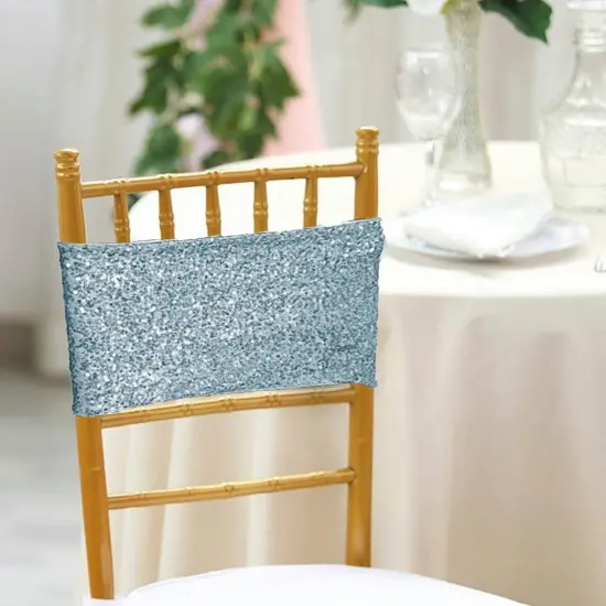 10 Pieces Elegant Dusty Blue Sequin Stretch Spandex Chair Bands 7 x 13 Inches {3}