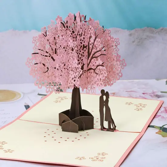 Handmade Cherry Blossom Card Pop Up 3D Flower Card Romantic Love Letter Greeting Anniversary Wedding Valentine Birthday Gift Card Blank Stationery Paper Card for Her Him Husband Wife {3}
