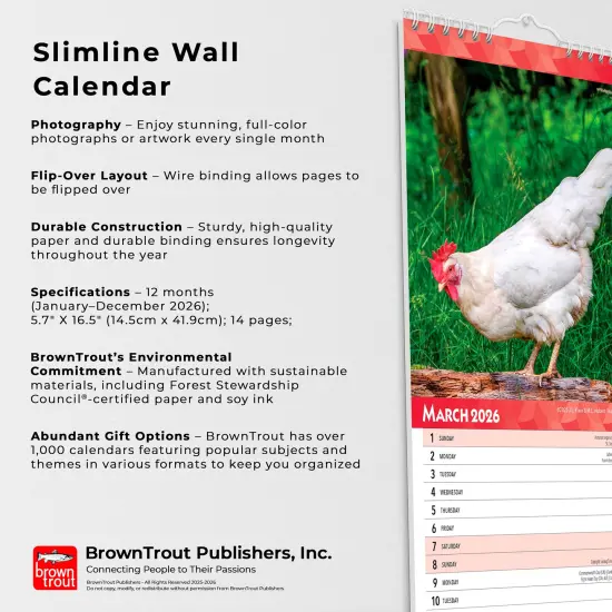 Chickens | 2026 5.7 x 16.5 Inch (Hanging) Monthly Slimline Wall Calendar {6}