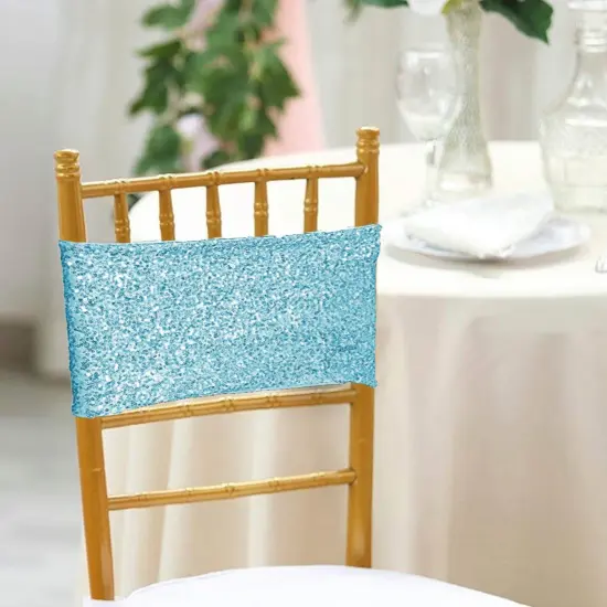 10 Pieces Soft Baby Blue Sequin Stretch Spandex Chair Bands 7 x 13 Inches {3}