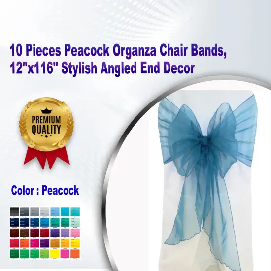 10 Pieces Peacock Organza Chair Bands, 12"x116" Stylish Angled End Decor {1}