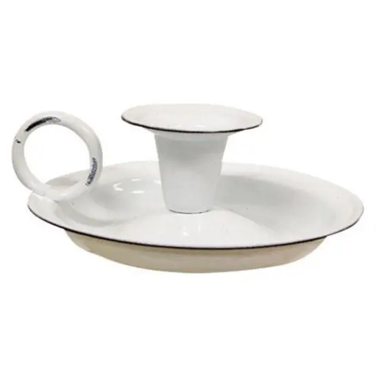 White Enamel Taper Candle Plate and Vintage-Inspired with Ring Handle {1}