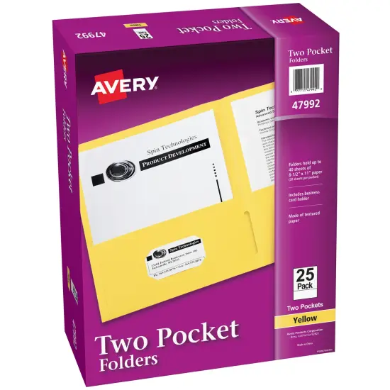 Avery Two Pocket Folders, Holds up to 40 Sheets, Business Card Slot, 25 Yellow Folders (47992) {1}