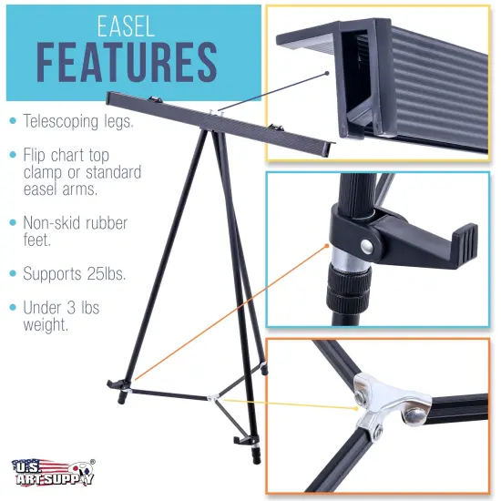66" High Boardroom Black Aluminum Flip Chart Easel & Presentation Stand - Adjustable Floor/Tabletop, Portable Tripod, Holds 25 lbs., for Chart Paper, Poster Boards, & Pads {3}
