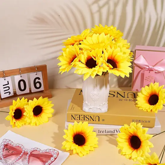 80 Pcs Summer Sunflowers &ndash; 4.1" Yellow Artificial Flower Heads with Stems for DIY Projects & Seasonal Home Decor Floral Arrangements {4}