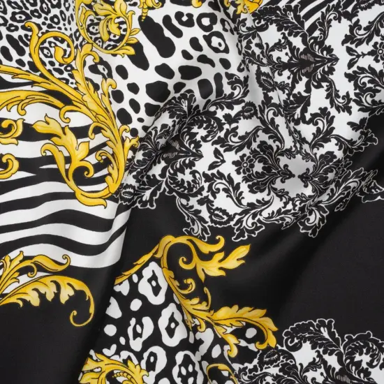 1 Yard Black, White, Yellow & Gold Floral Scrolls Silk Charmeuse Print, 53 Inches Width {2}