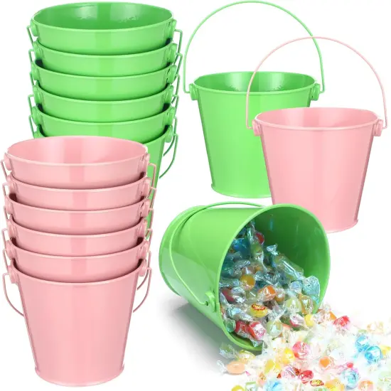 12 Pack Pink and Green Metal Bucket Favors {1}