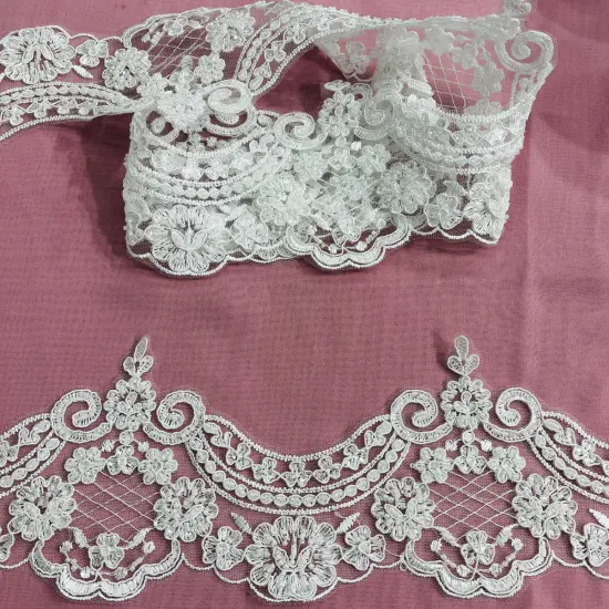 1 Yard Elegant Beaded & Corded Embroidered Lace Trim on 100% Polyester Mesh Gold {4}