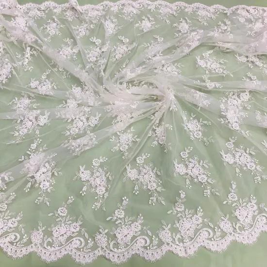 1 Yard Elegant Corded Bridal Lace Fabric with Embroidered on 100% Polyester Net Mesh 56" Width Ivory {1}