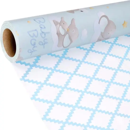 LaRibbons 17" X 33' Reversible Wrapping Paper | Baby Elephant w/ Quilted Back Blue {2}