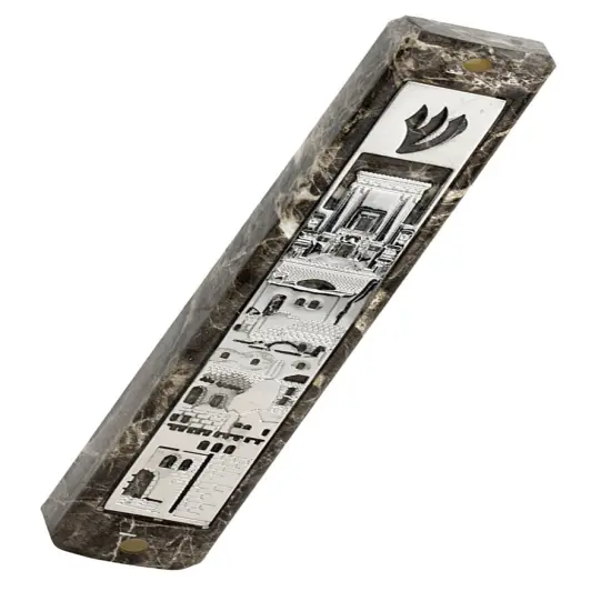 Marble Mezuzah Case with Image of Jerasulem on Plate Copper {2}