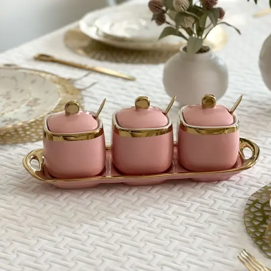Coffee Tea and Sugar Porcelain Pots with Gold Trim Pink {1}