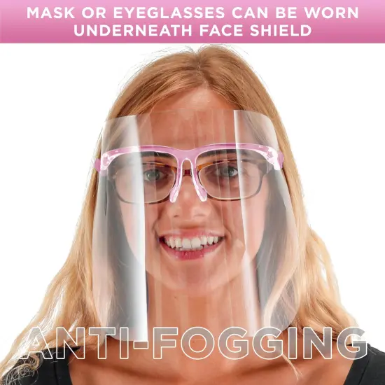 Safety Face Shields with Pink Glasses Frames (Pack of 25) - Ultra Clear Protective Full Face Shields to Protect Eyes Nose Mouth - Anti-Fog PET Plastic {4}