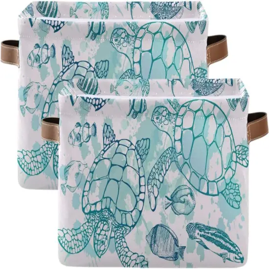 Summer Storage Basket Cube Tropical Ocean Sea Turtle Fish Large Collapsible Toys Storage Box Bin Laundry Organizer for Closet Shelf Nursery Kids Bedroom,15x11x9.5 in,2 Pack {1}