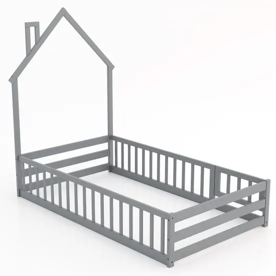Wooden Twin Size Montessori Floor Bed with Lockable Door Guardrails and House Shape Design Grey {1}