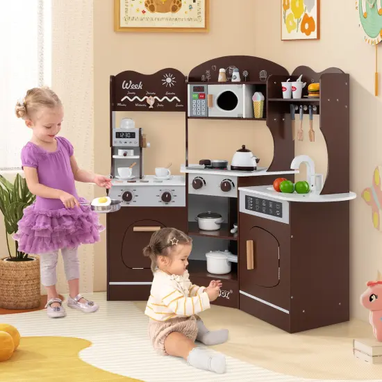 Wooden Corner Play Kitchen with Coffee Machine, Slide, and Storage for Kids Brown {5}