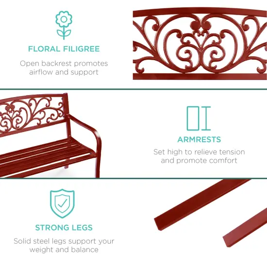 Best Choice Products Outdoor Steel Bench Garden Patio Porch Furniture w/ Floral Design Backrest Rust {6}