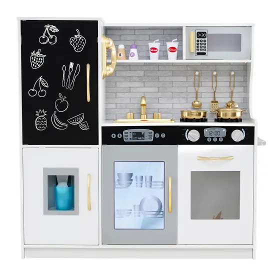 Wooden Pretend Play Kitchen Set for Toddlers, Boys & Girls Ages 3-6 with Cooking Accessories White & Golden {1}