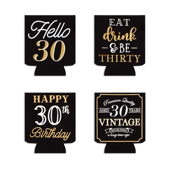 12-Pack Can Cooler Sleeves, 12 Assorted Designs Insulated Neoprene Holder Party Supplies - 30th Birthday Black {7}