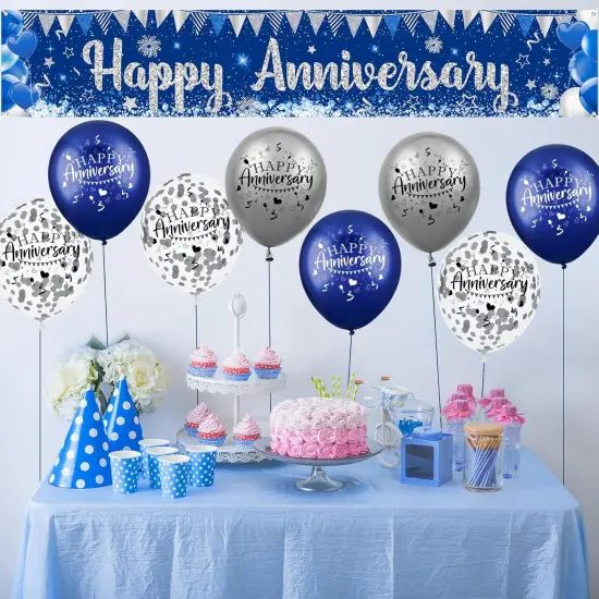 Blue Happy Anniversary Decorations - Banner and 18pcs Balloons {4}