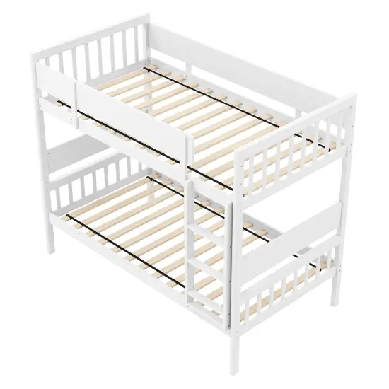 Wooden Twin Over Twin Convertible Bunk Bed with Guardrails and Under-bed Storage White {4}