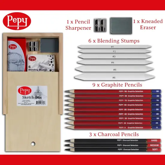 Sketching and Drawing Set in Wood Carrying Box: 3 Charcoal Pencils, 8 Graphite Pencils, Sharpener, Eraser, and Set of 6 Blending Stumps {3}