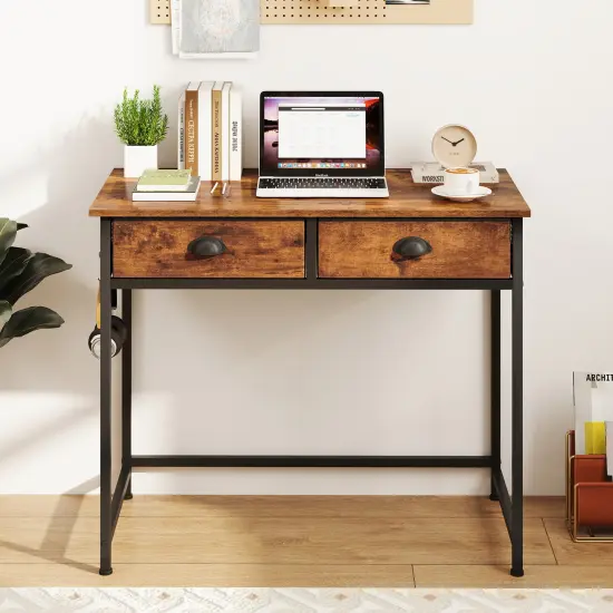 Space Saving Home Office Desk with 2 Fabric Drawers and 4 Hanging Hooks Rustic brown {2}